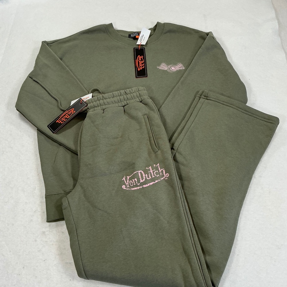 Von Dutch Originals Olive Green Pink Logo Fleece Sweatshirt & Sweatpants Set S